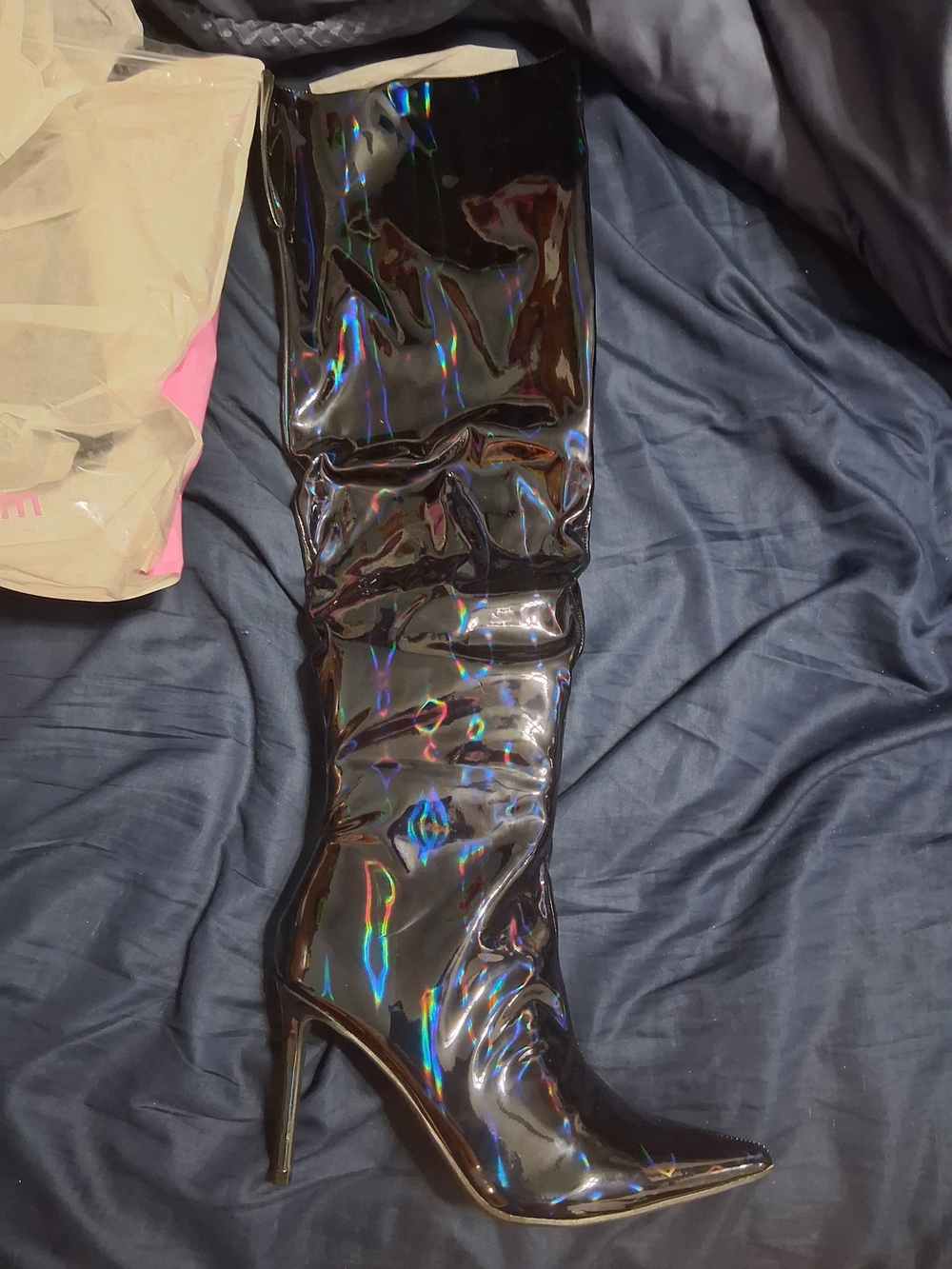 Women's Black Holographic Patent Knee-High Stiletto Boot